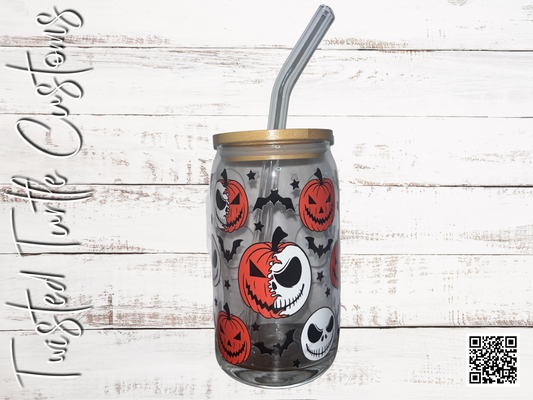 Spooky Jack Pumpkin Skeleton 16oz Glass Can with Bamboo Lid & Glass Straw