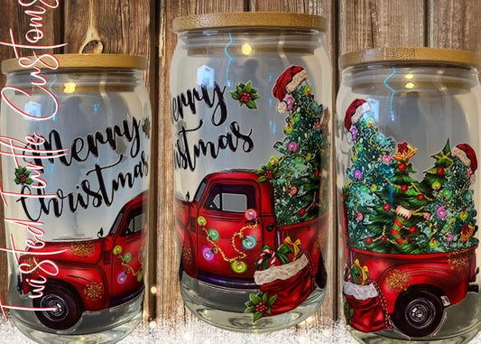 Merry Christmas Trees and Gifts in Red Truck 16oz Glass Can with Bamboo Lid & Glass Straw