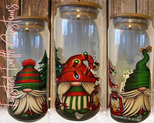 Christmas Gnomes 18oz Glass Can with Bamboo Lid & Glass Straw