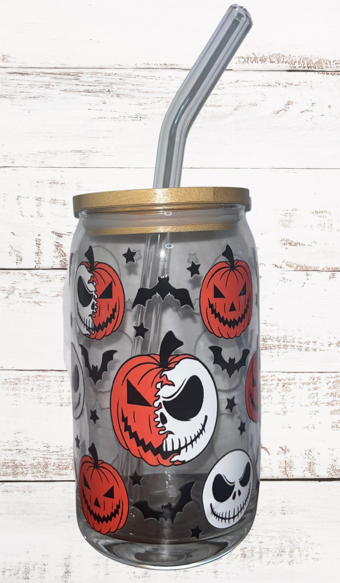 Spooky Jack Pumpkin Skeleton 16oz Glass Can with Bamboo Lid & Glass Straw