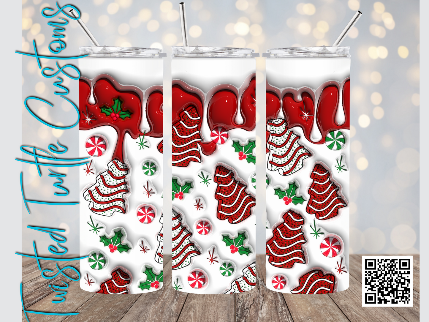 Puffy Cute Christmas Tree Snacks and Cakes Peppermints Drip 20oz Tumbler