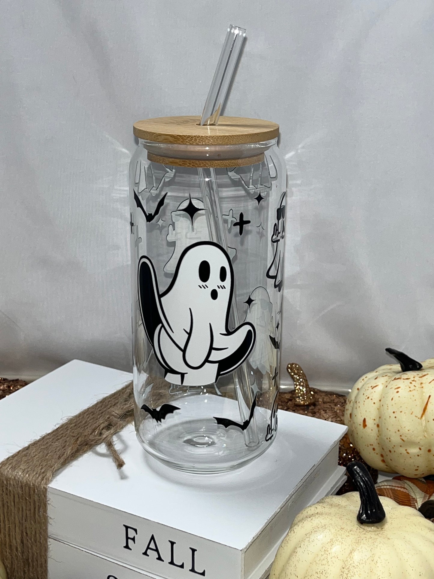 Funny Humor Ghost 18oz Glass Can Libbey with Bamboo Lid & Glass Straw