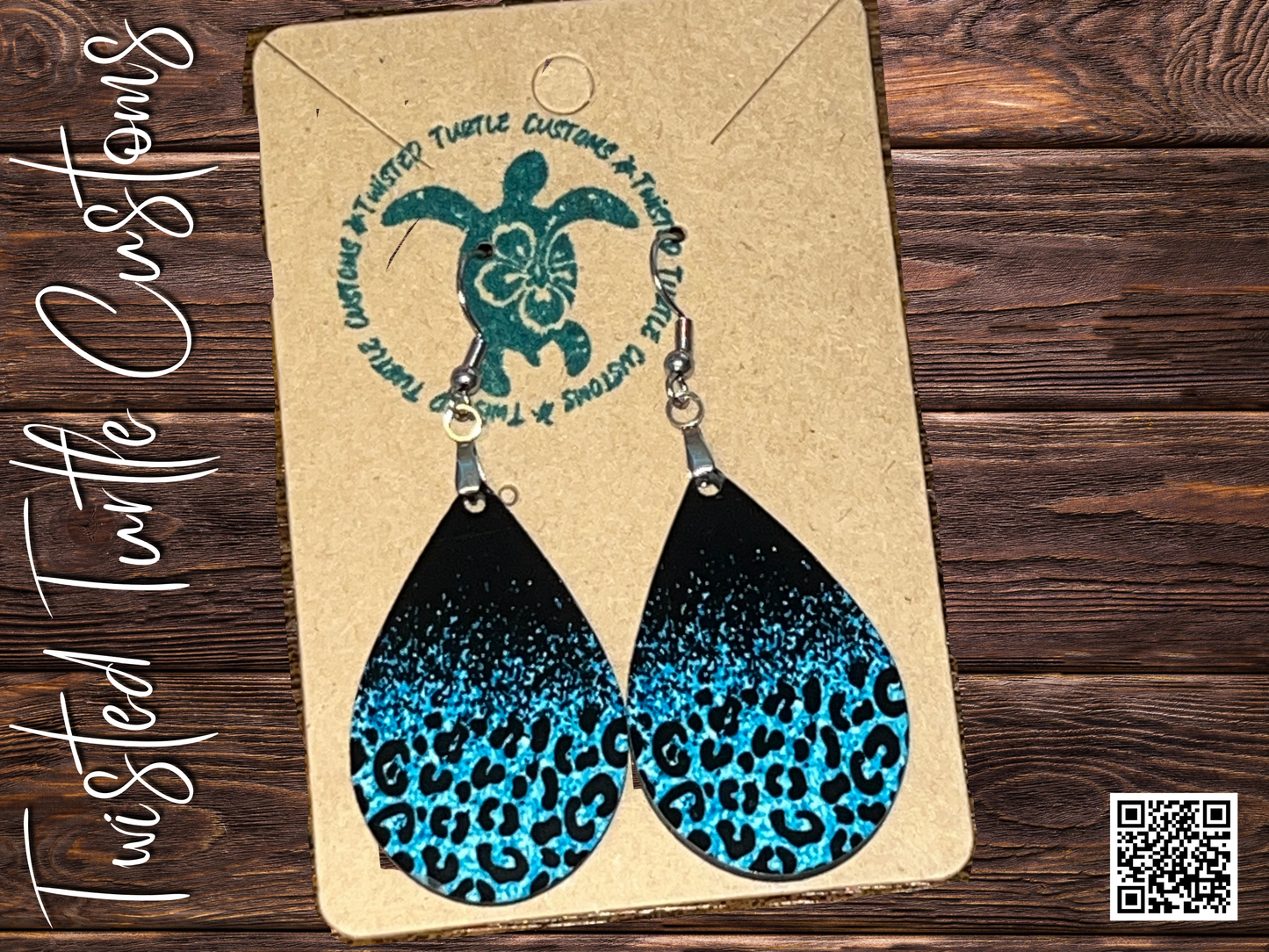 Turquoise and Black Cheetah Print Faux Glittery Teardrop Earrings