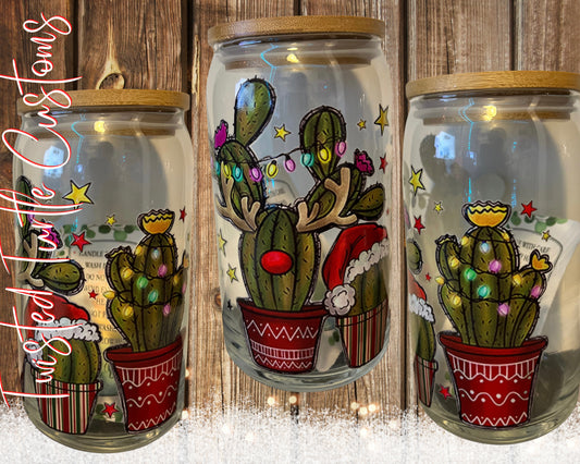 Christmas Cactuses 16oz Glass Can with Bamboo Lid & Glass Straw