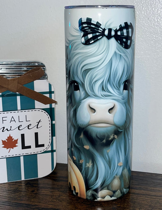 Silver Fall Baby Highland Cow with Pumpkins, Flowers and a Buffalo Plaid Bow 20oz Tumbler