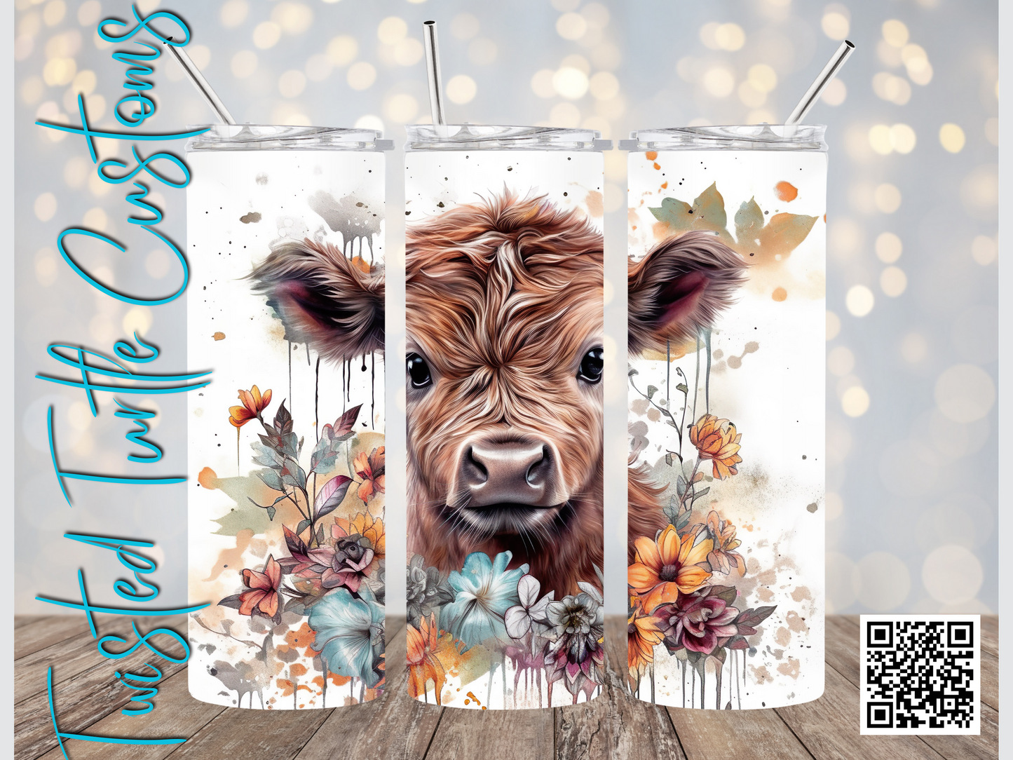Boho Chic Baby Highland Cow with Watercolor Flowers 20oz Tumbler
