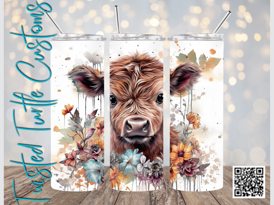 Boho Chic Baby Highland Cow with Watercolor Flowers 20oz Tumbler