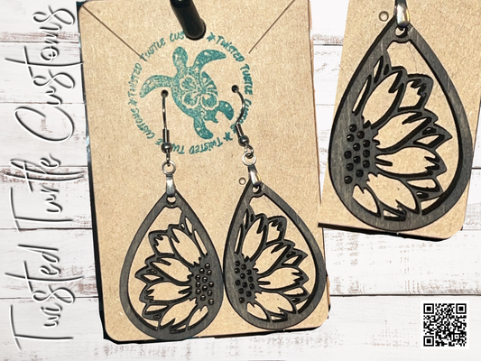 Wood Cut Out Sunflower Teardrop Earrings