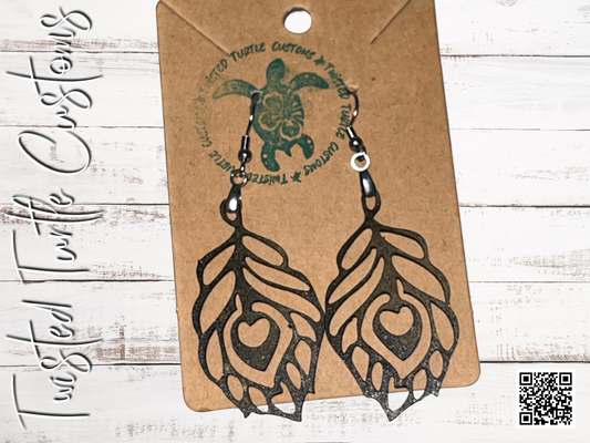 Wood Cut Out Feather Heart Teardrop Earrings