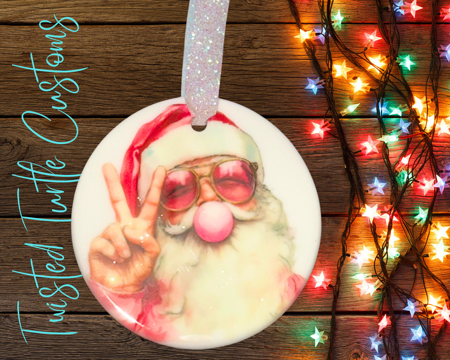 Festively Bubble Gum Pink Santa throwing Peace Sign Ceramic Christmas Ornament