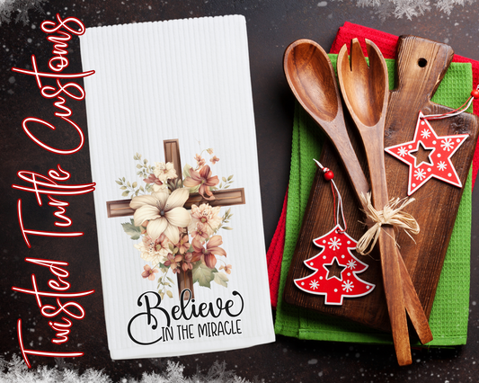 Floral Cross Believe in the Miracle Holiday Decorative Kitchen Hand Towel