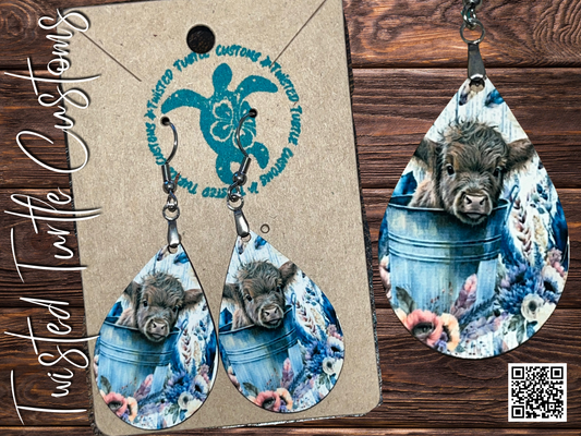 Boho Chic Highland Baby Cow in Bucket Earrings