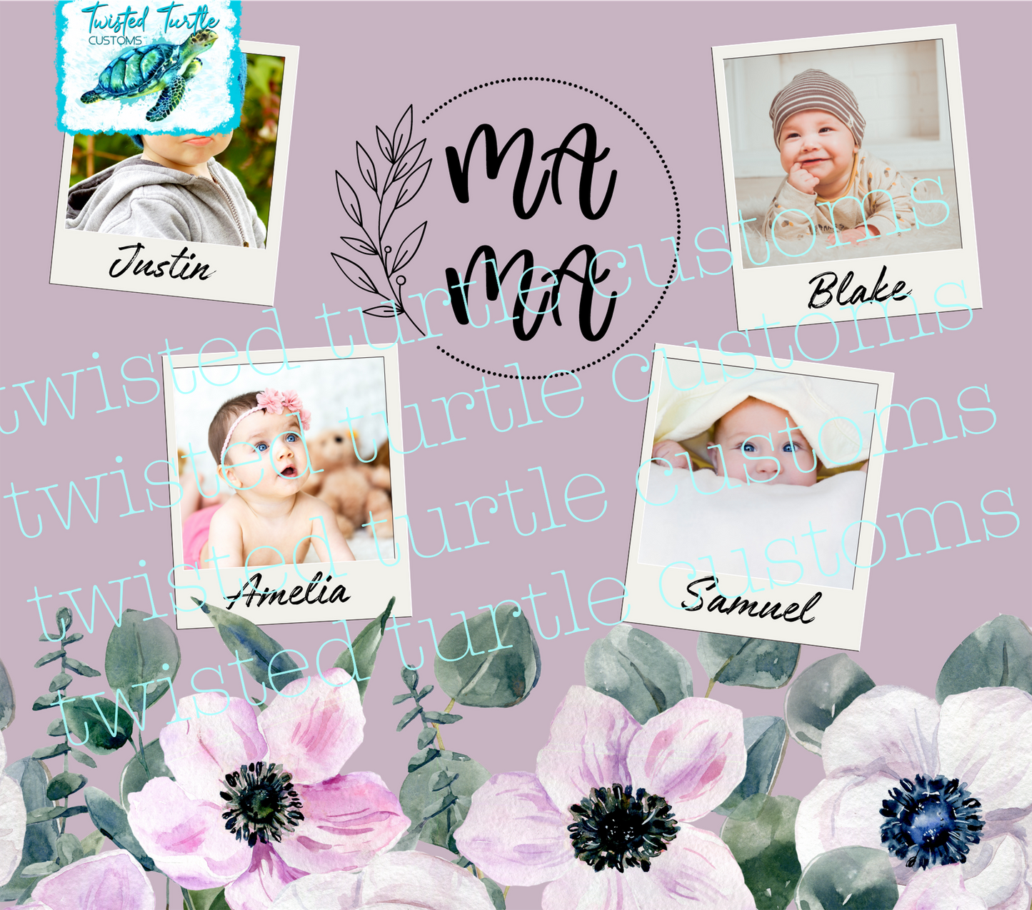 Custom 4 Photo/Names Mama Floral Circle Watercolor 20oz Tumbler with Floral Watercolor Back drop