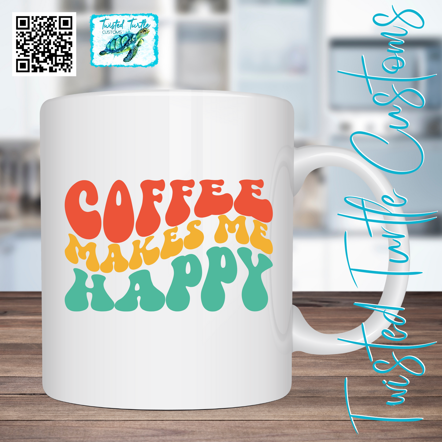 Fun Retro Lettering Coffee Mug “Coffee makes me Happy”