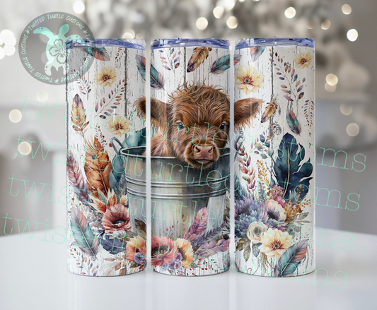 Boho Chic Baby Highland Cow in Water Bucket with Feathers and Flowers 20oz Tumbler