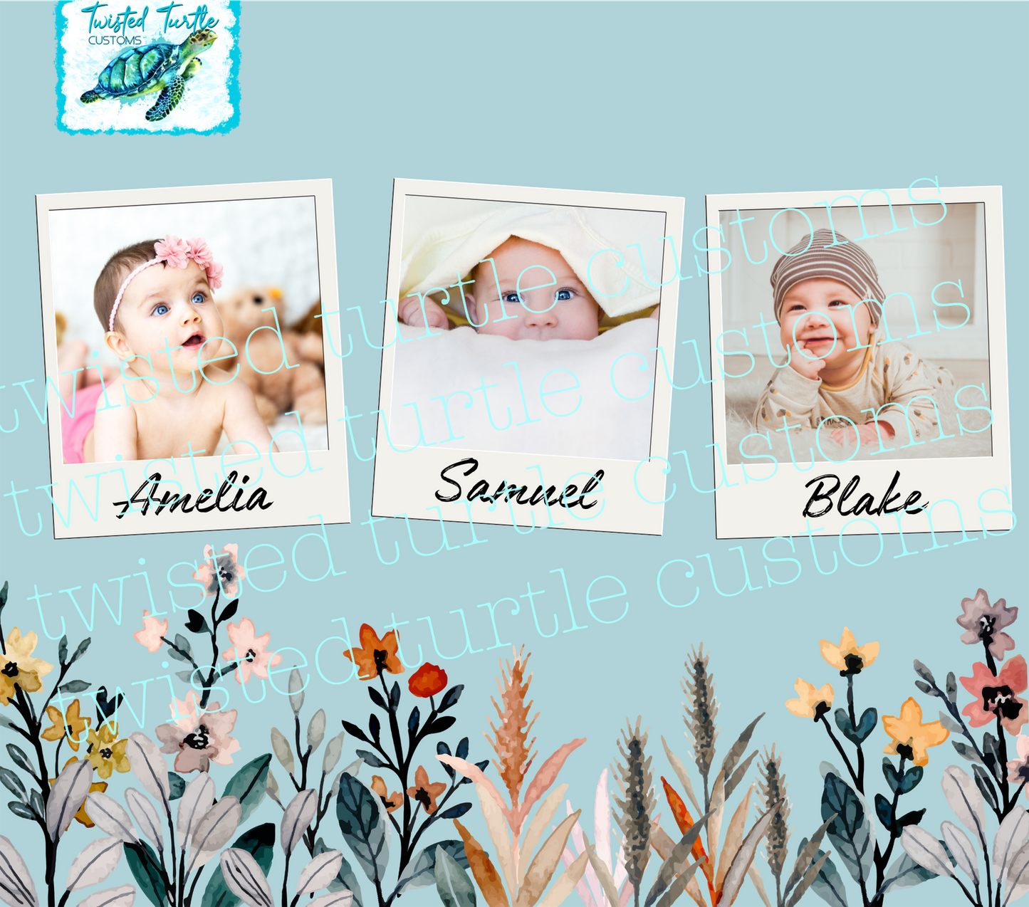 Custom 3 Photo/Names Mama Floral Watercolor 20oz Tumbler with Floral Watercolor Back drop