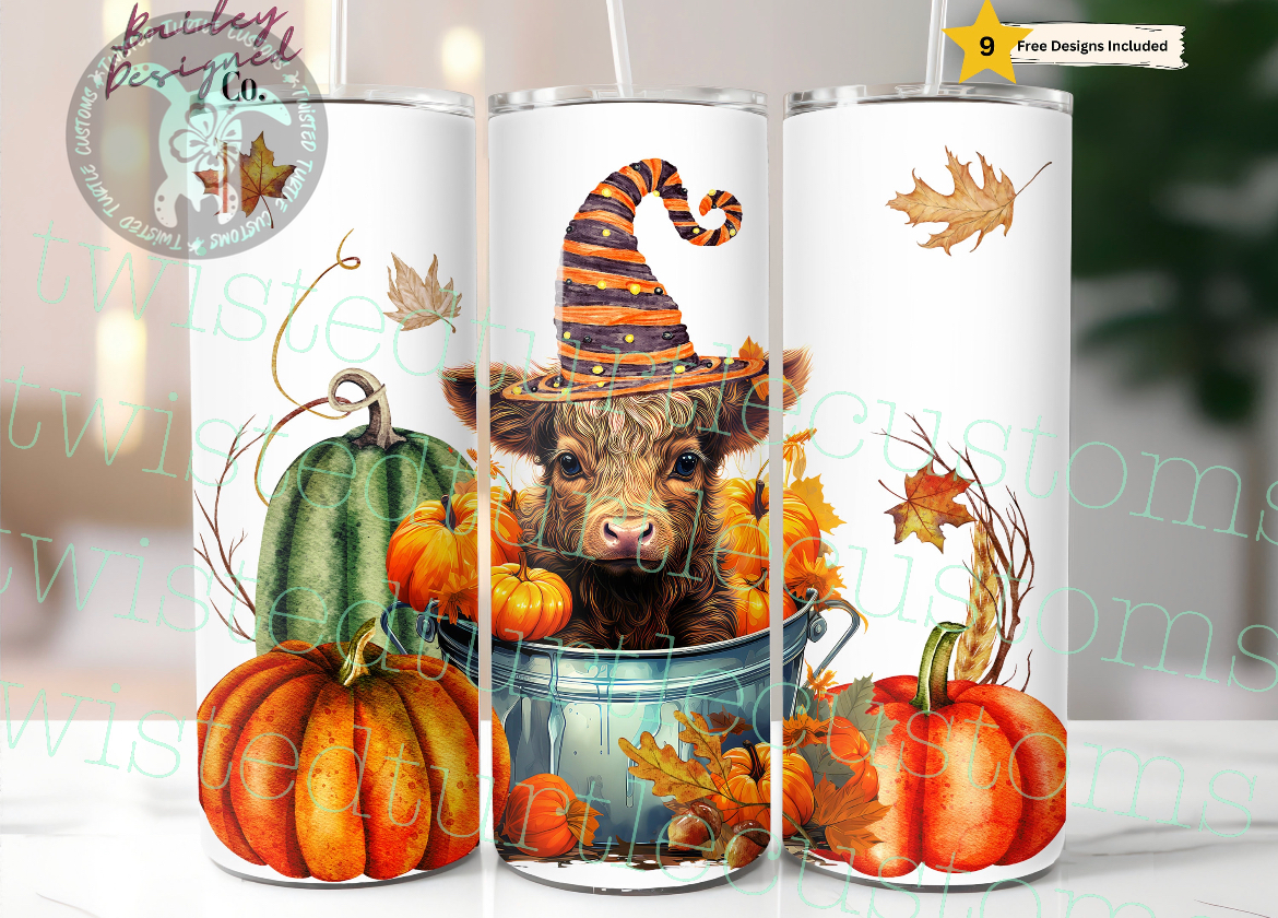 Fall Baby Highland Cow with pumpkins and Witch Hat 20oz Tumbler