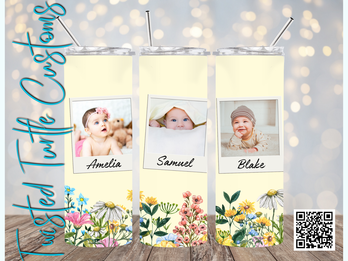 Custom 3 Photo/Names Mama Floral Watercolor 20oz Tumbler with Floral Watercolor Back drop