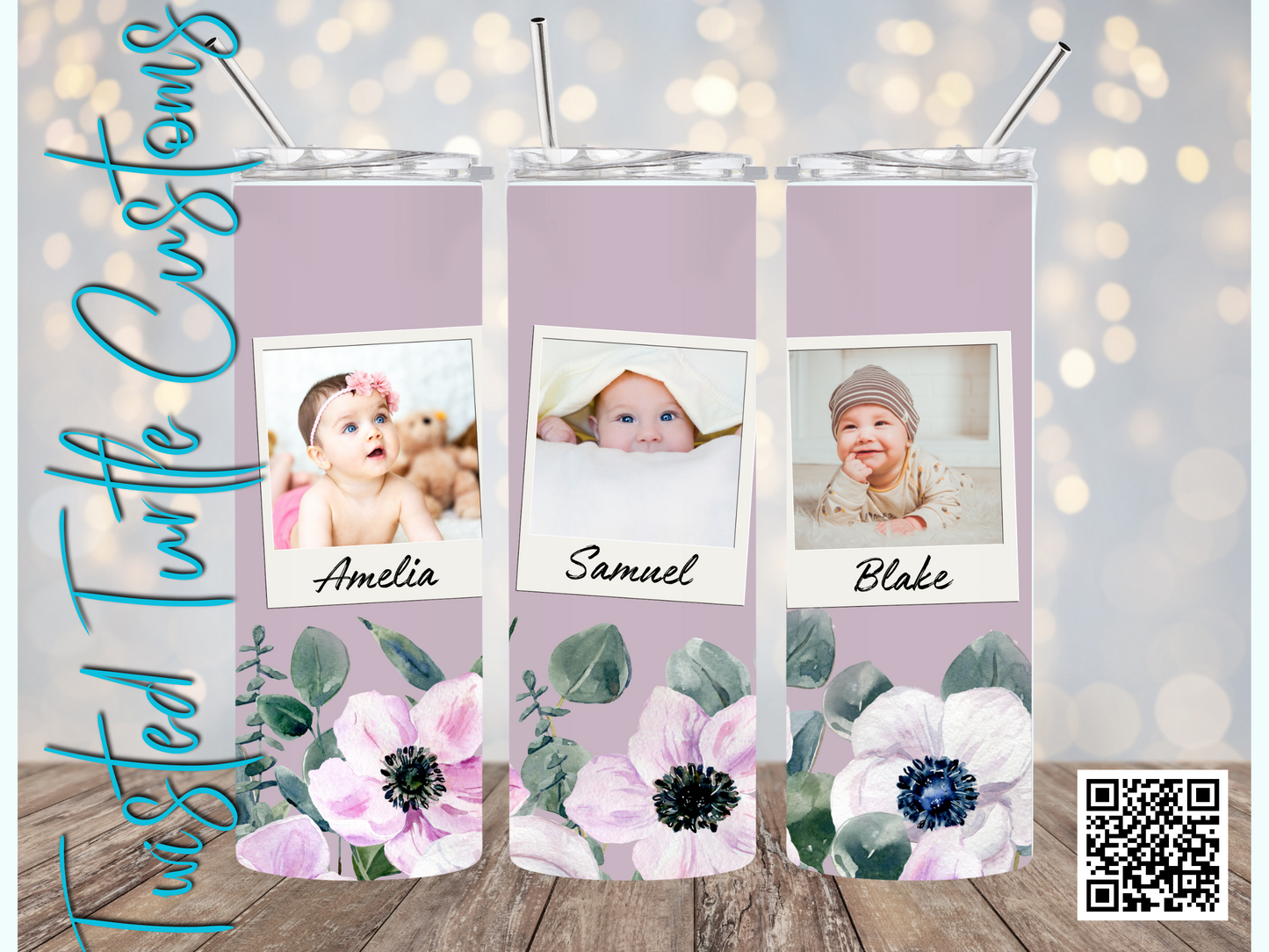 Custom 3 Photo/Names Mama Floral Watercolor 20oz Tumbler with Floral Watercolor Back drop