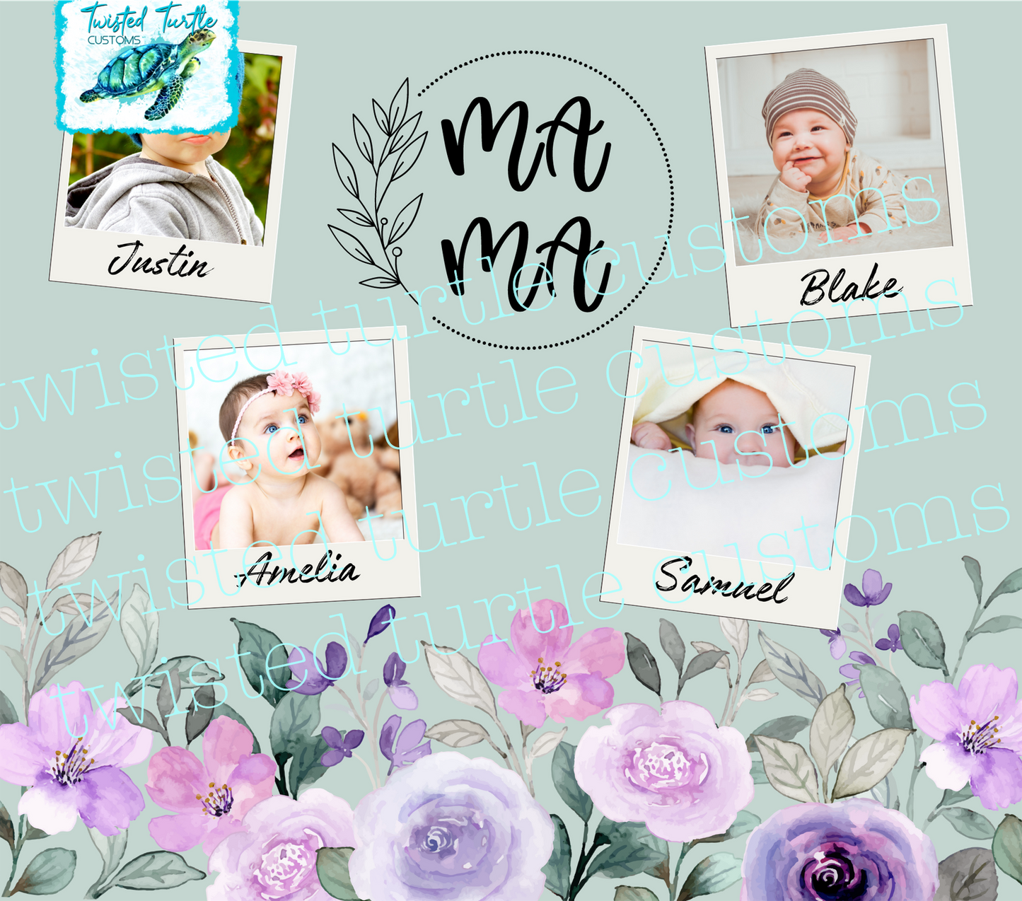 Custom 4 Photo/Names Mama Floral Circle Watercolor 20oz Tumbler with Floral Watercolor Back drop