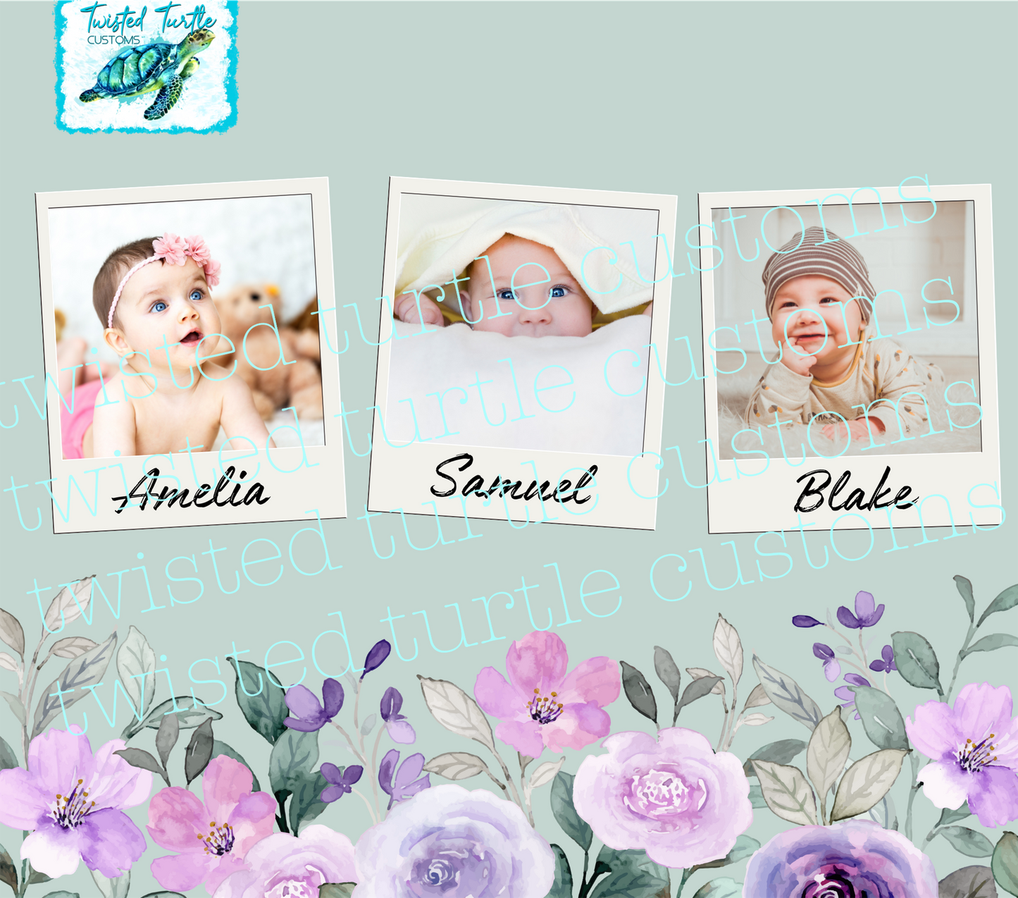 Custom 3 Photo/Names Mama Floral Watercolor 20oz Tumbler with Floral Watercolor Back drop