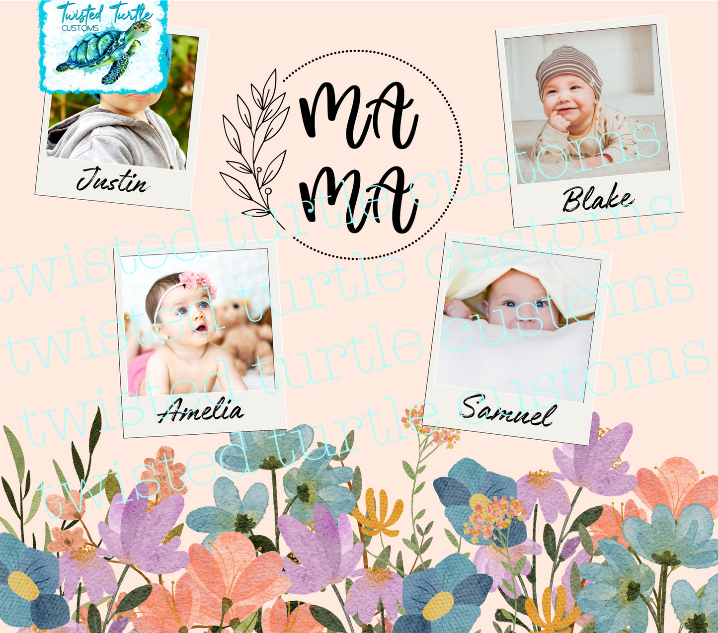 Custom 4 Photo/Names Mama Floral Circle Watercolor 20oz Tumbler with Floral Watercolor Back drop