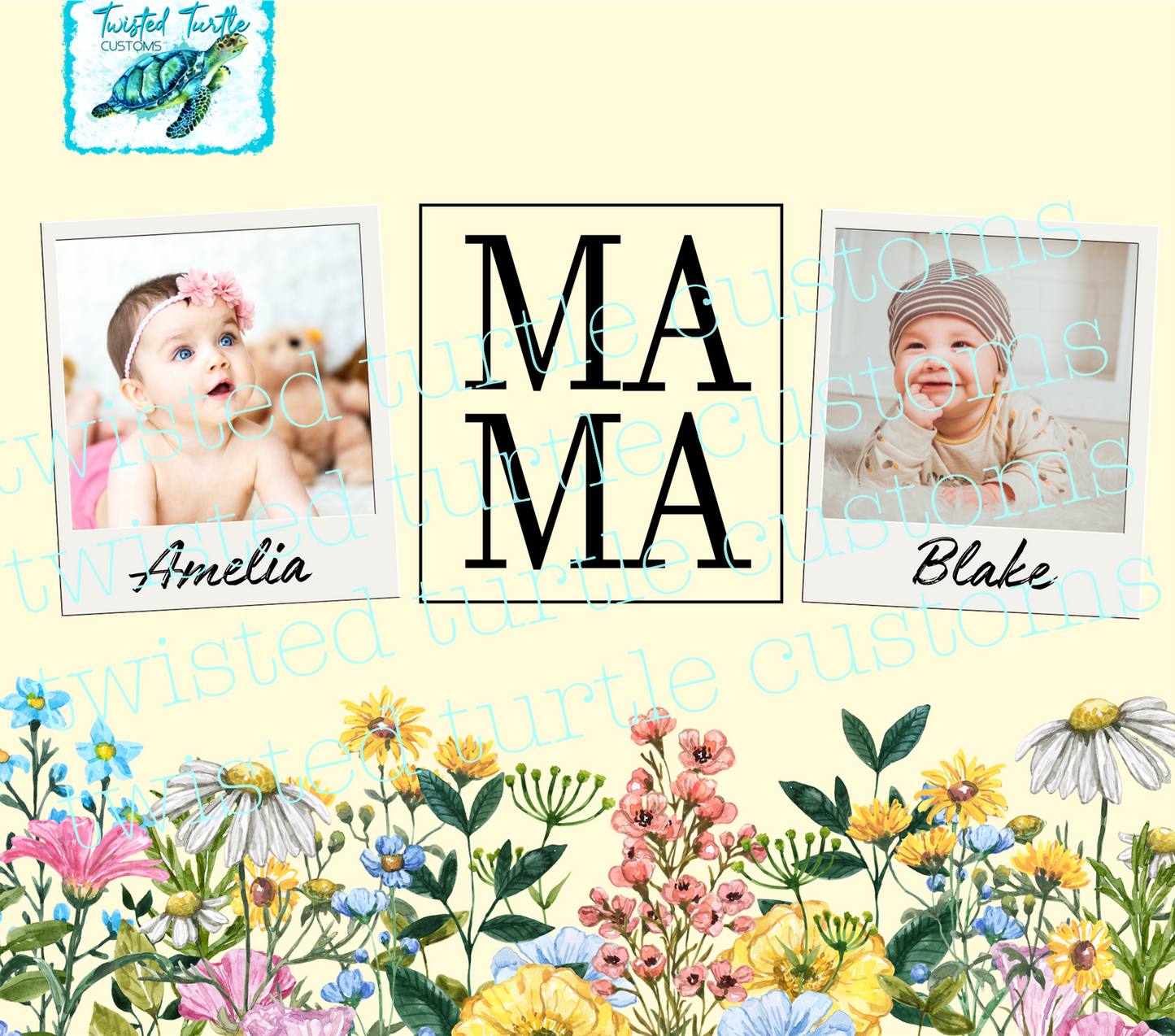 Custom 2 Photo/Names Mama Floral Square Watercolor 20oz Tumbler with Floral Watercolor Back drop