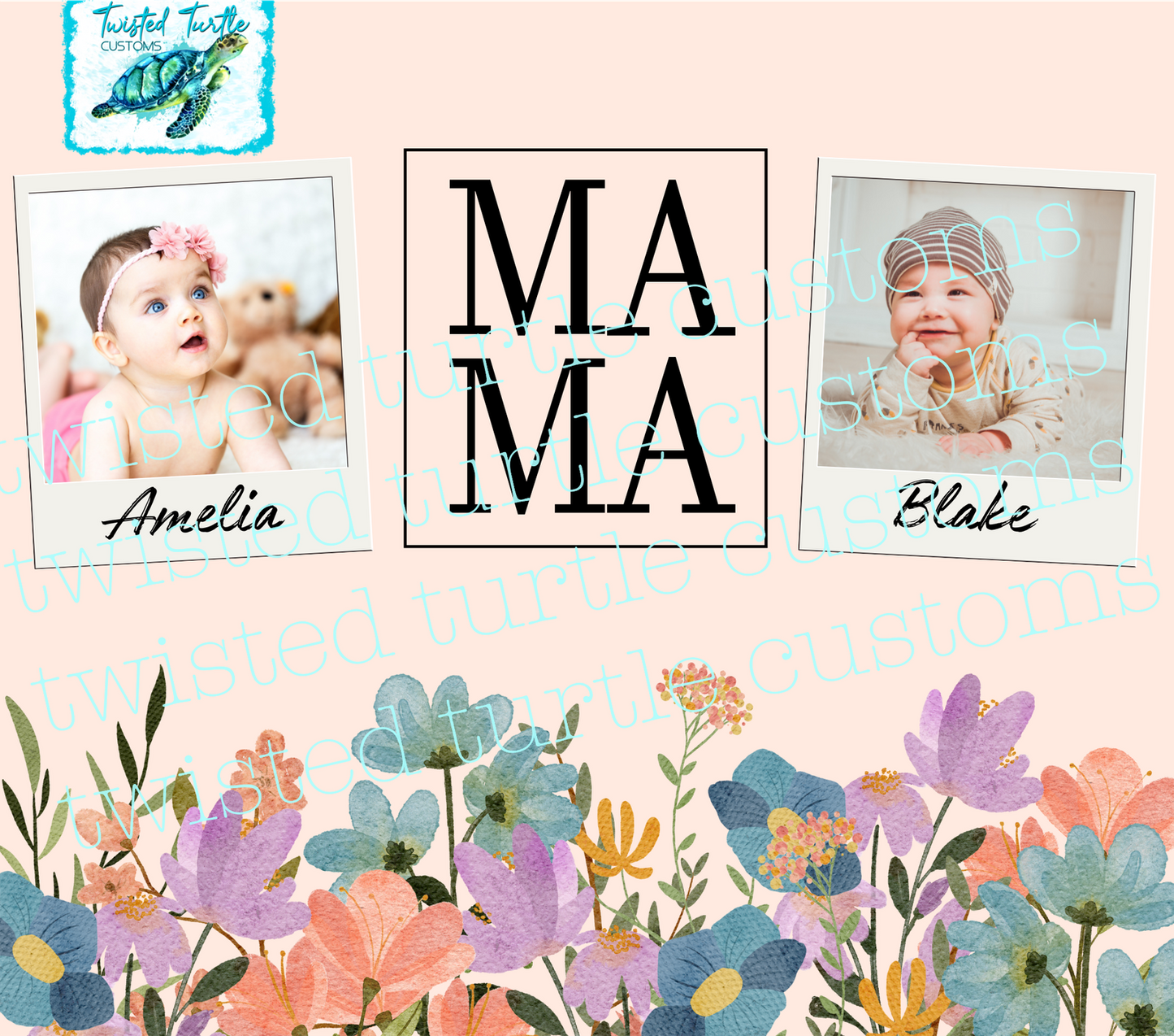 Custom 2 Photo/Names Mama Floral Square Watercolor 20oz Tumbler with Floral Watercolor Back drop