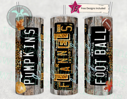 Pumpkins Flannels hayrides leaves and football rustic wood and license plates 20oz Tumbler