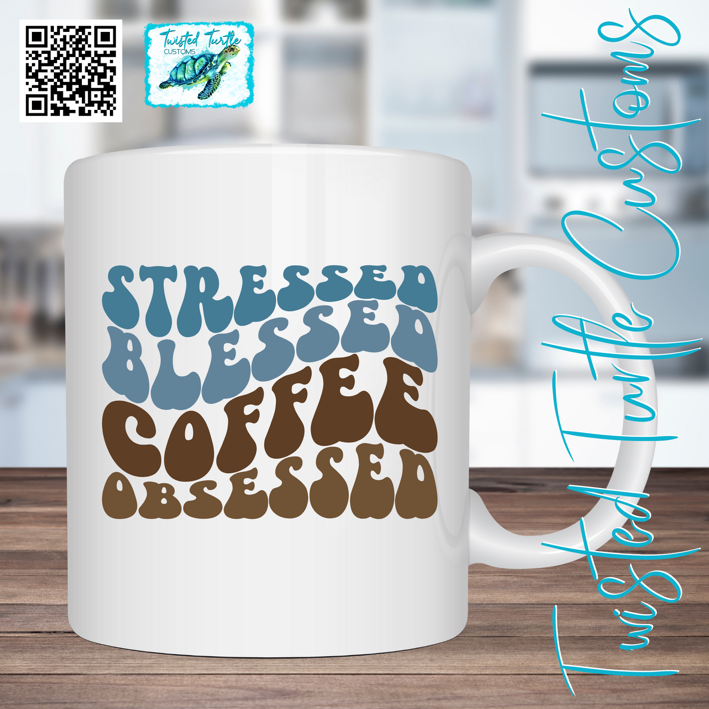 Fun Retro Lettering Coffee Mug “Stressed Blessed Coffee Obsessed”