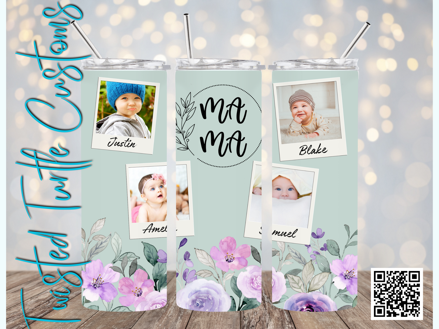 Custom 4 Photo/Names Mama Floral Circle Watercolor 20oz Tumbler with Floral Watercolor Back drop