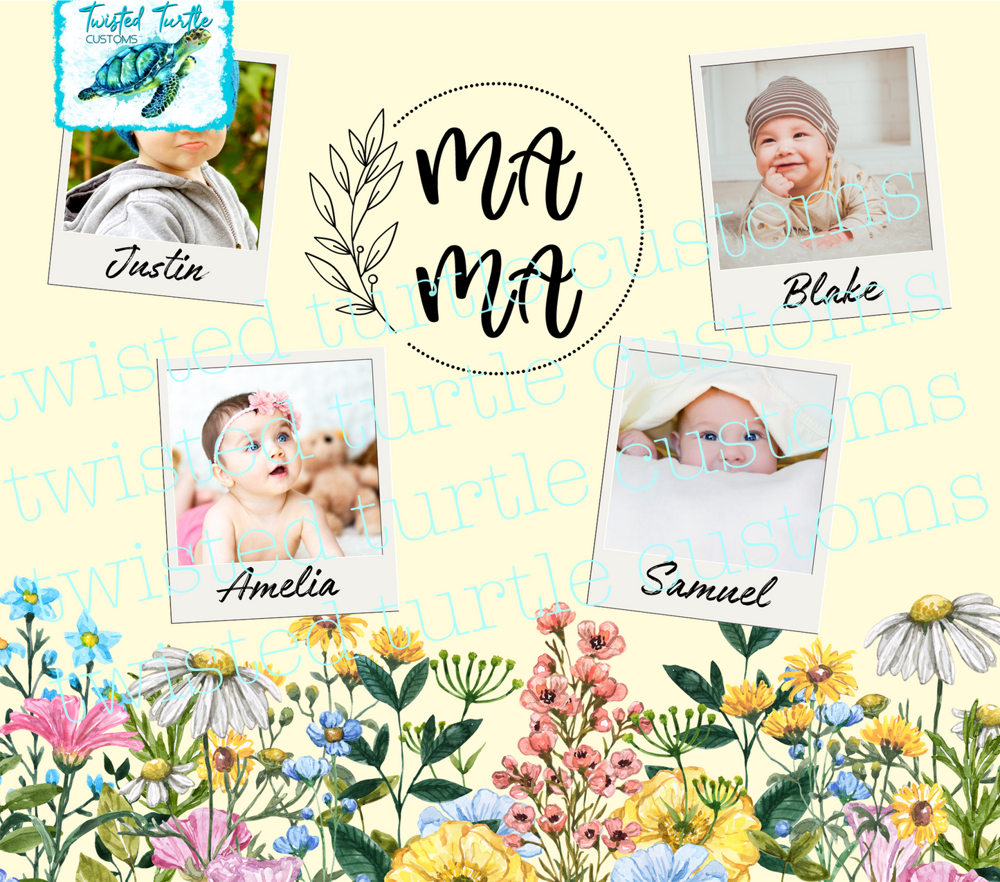 Custom 4 Photo/Names Mama Floral Circle Watercolor 20oz Tumbler with Floral Watercolor Back drop