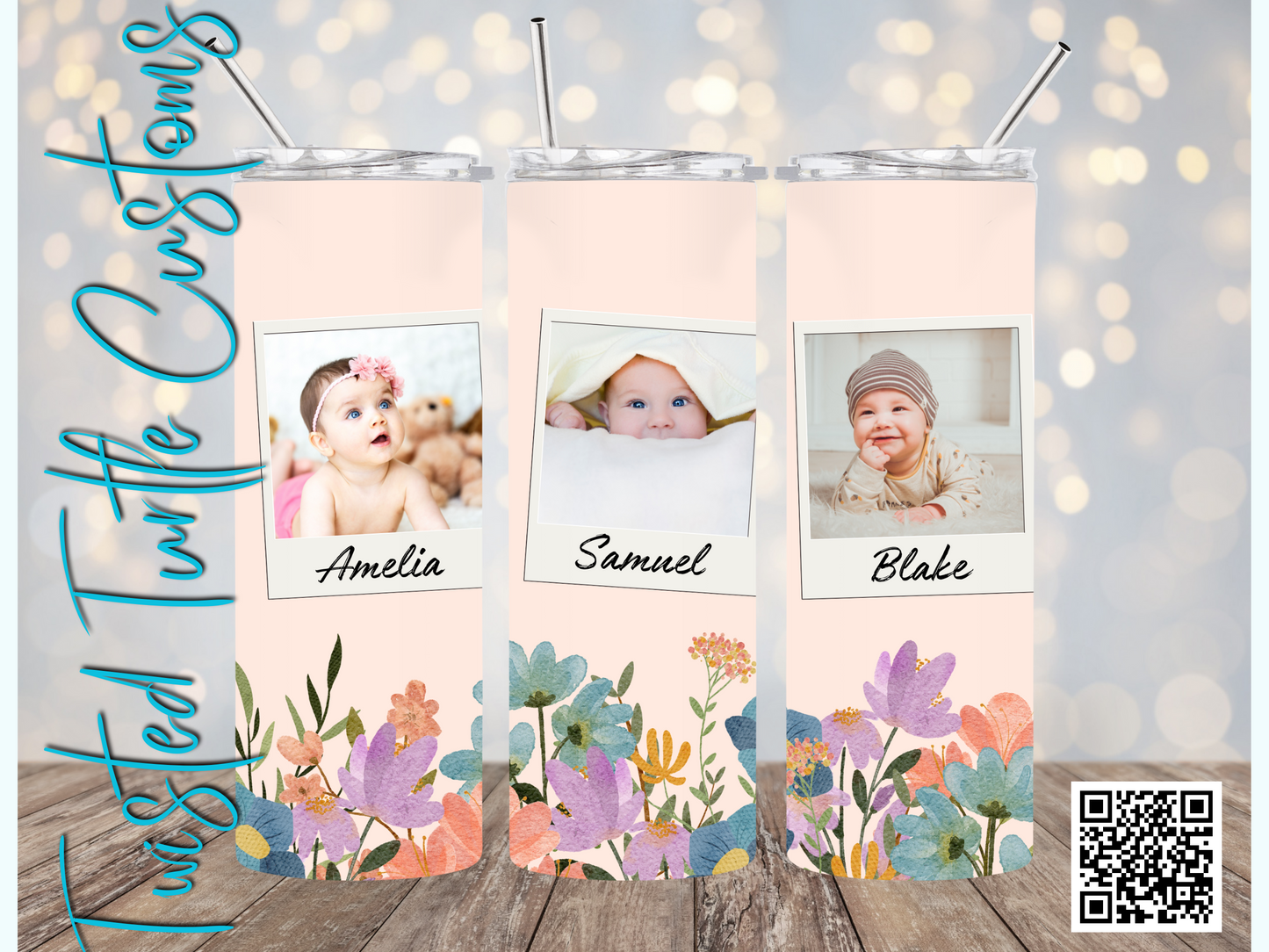 Custom 3 Photo/Names Mama Floral Watercolor 20oz Tumbler with Floral Watercolor Back drop