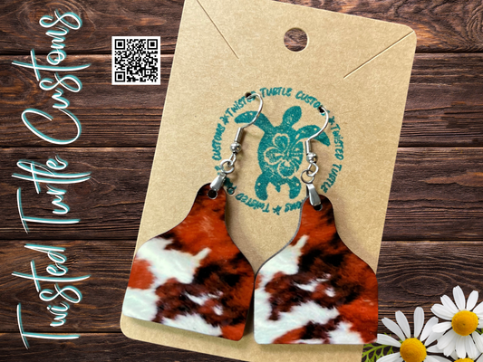 Rustic Cow Hide/Print Cow Tag Earrings