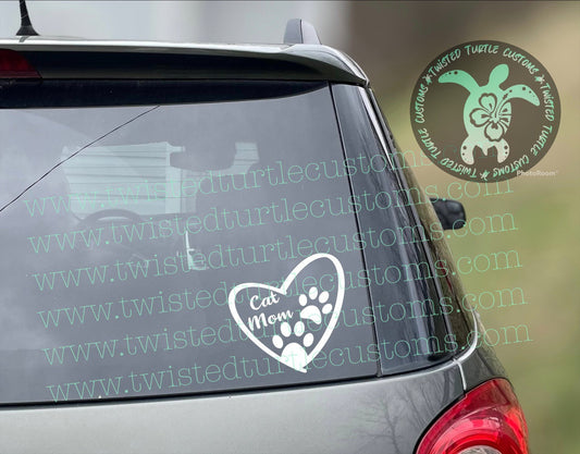 Cat Mom Heart Paw Prints White Vinyl Decal