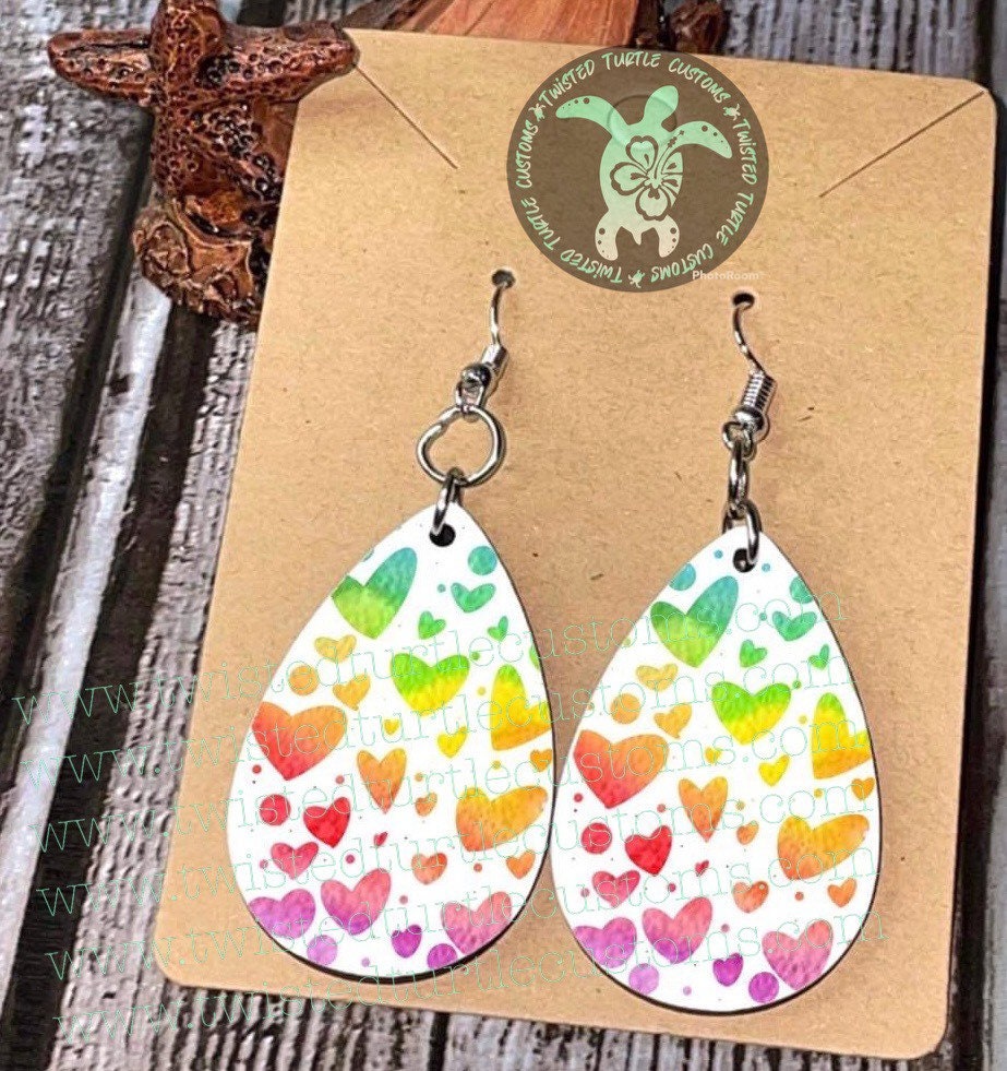 Rainbow Hearts Watercolor Teardrop Earrings