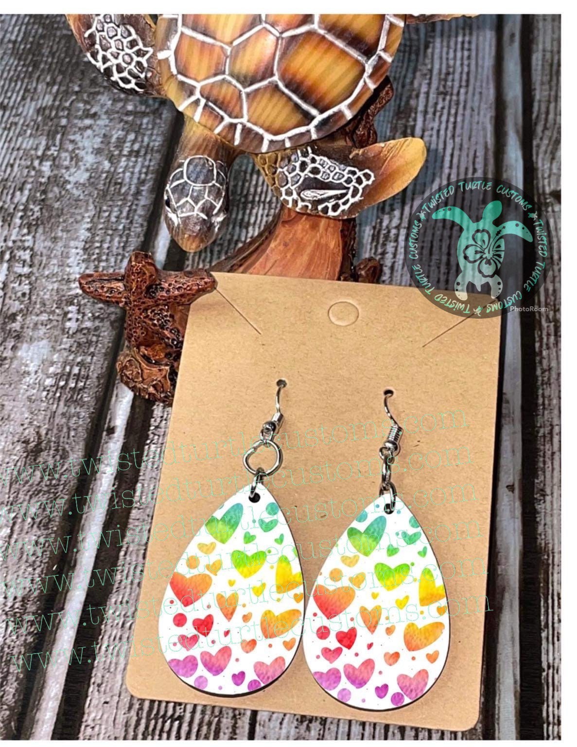 Rainbow Hearts Watercolor Teardrop Earrings