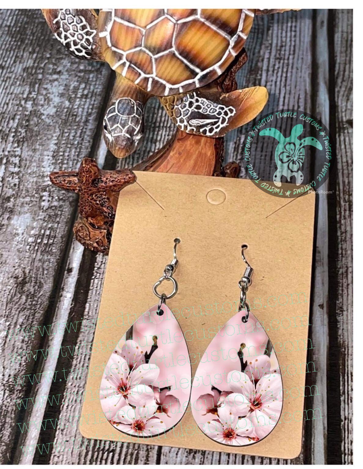 Cherry Blossom Flowers Pink Glittery Watercolor background Teardrop Earrings