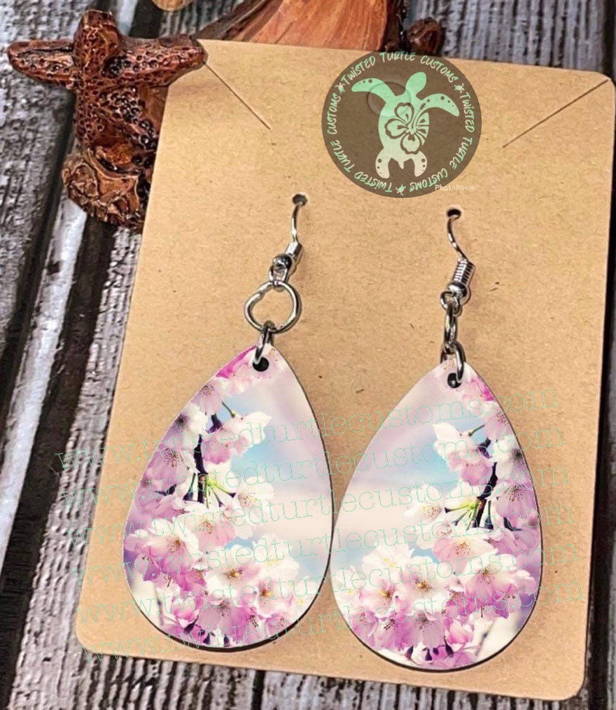 Cherry Blossom Flowers Pink & Blue watercolor background Teardrop Earrings