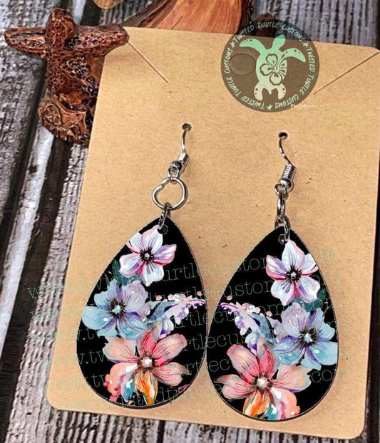 Watercolor Flowers with Black Background Teardrop Earrings