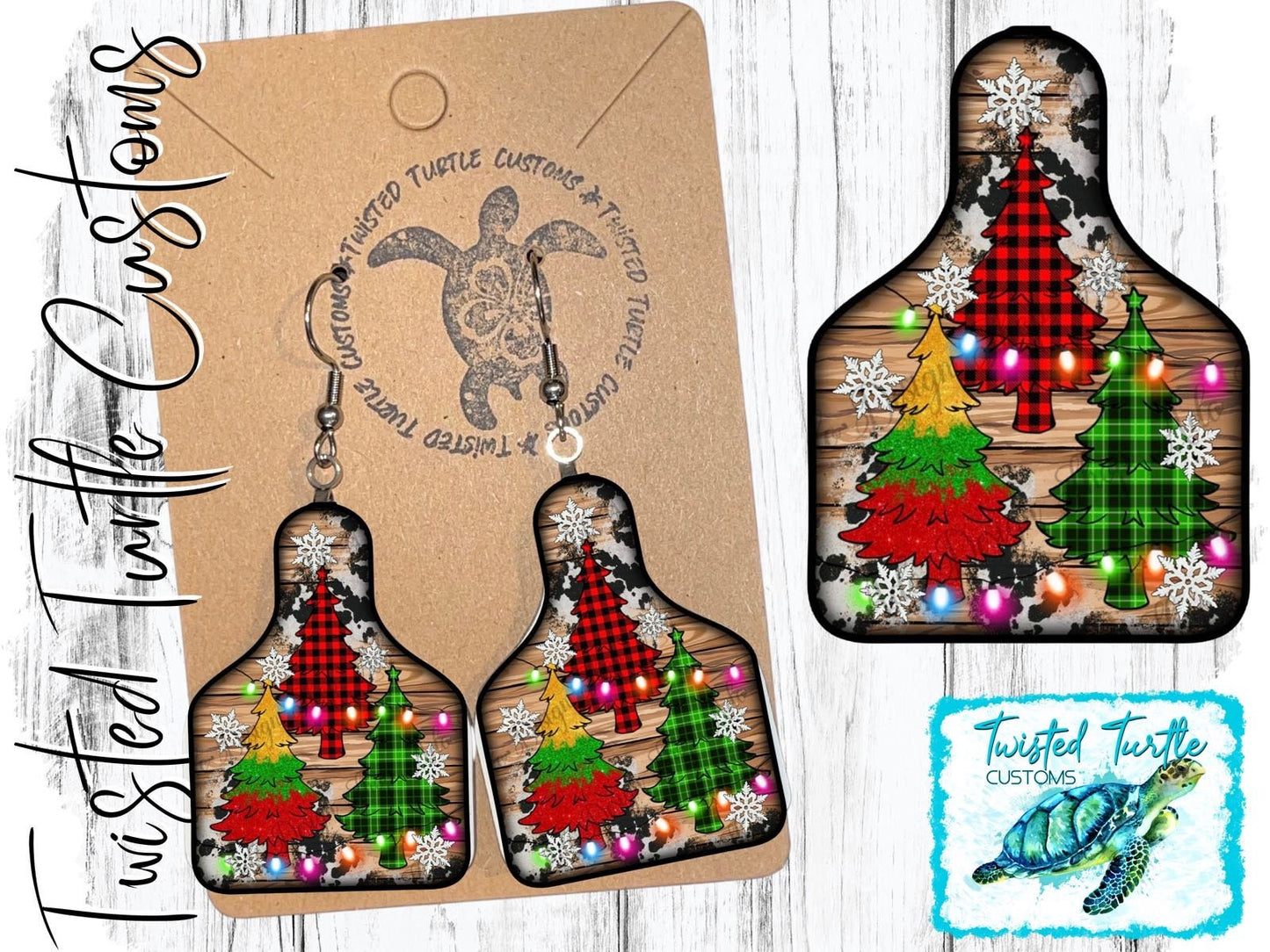 Rustic Christmas Trees, Buffalo Plaid, Cow Print and Wood Cow Tag Style Earrings