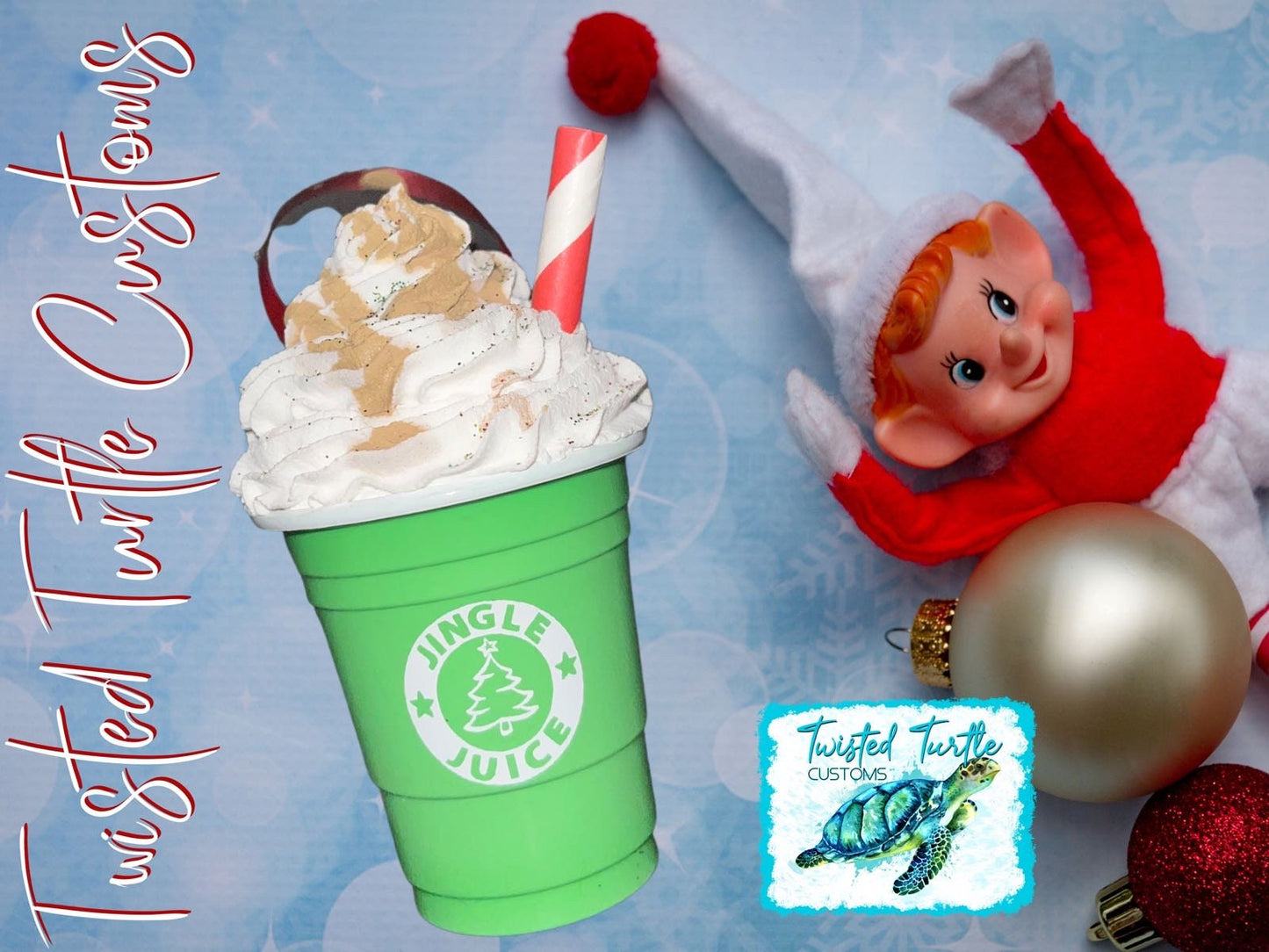 Green Christmas Frappe Ornament with Striped Straw and Carmel Drizzle