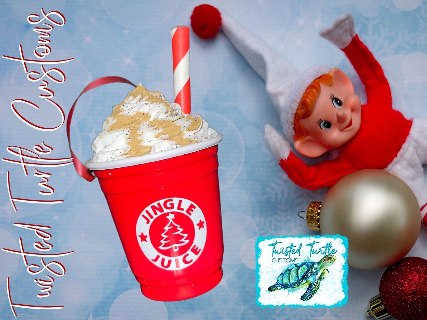 Red Christmas Frappe Ornament with Striped Straw and Carmel Drizzle