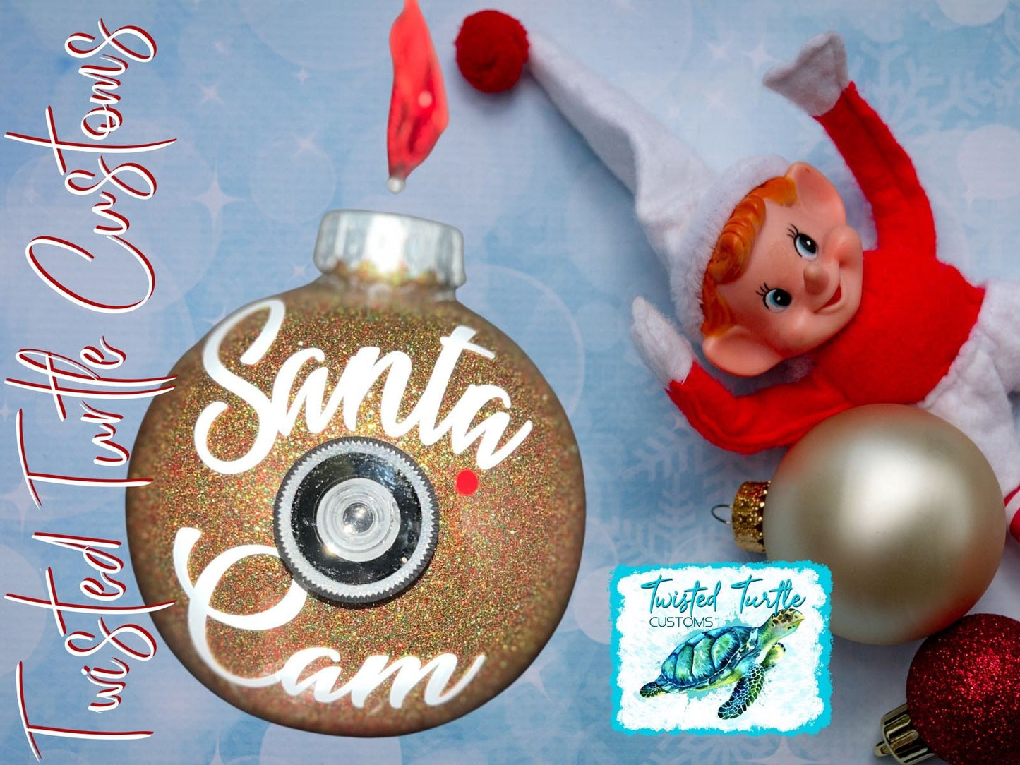 Santa/Elf Cam Gold/Amber Glitter Bulb Christmas Ornament with Lens