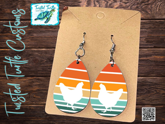 Retro Ombré Sunset Chicken Silhouette Teardrop Earrings