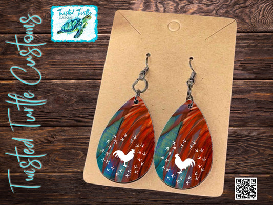 Rooster Feathers Background,Rooster Silhouette Prints with Chicken Foot Prints Teardrop Earrings