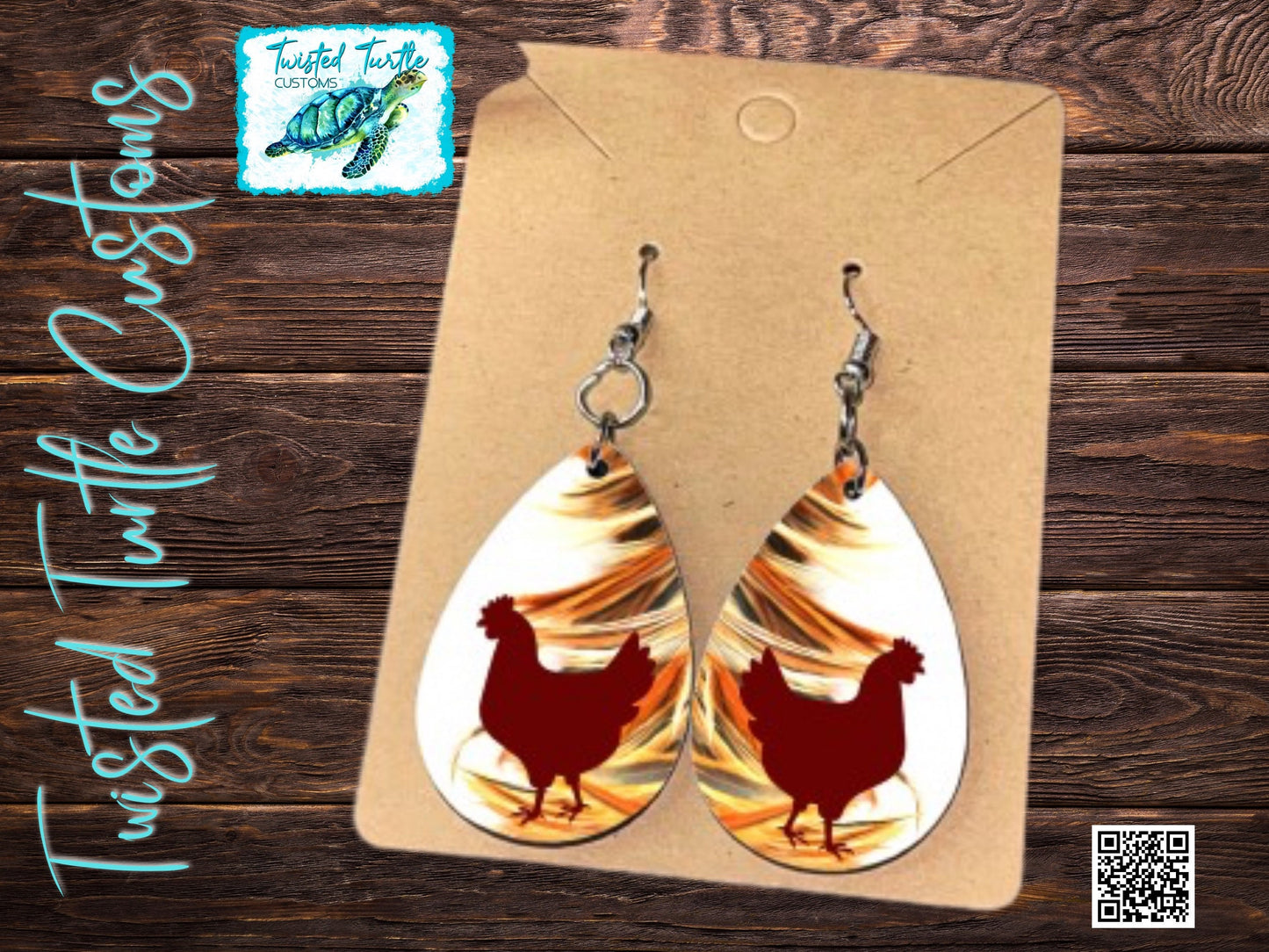 Chicken Feathers Border, Silhouette Chicken Hen Teardrop Earrings