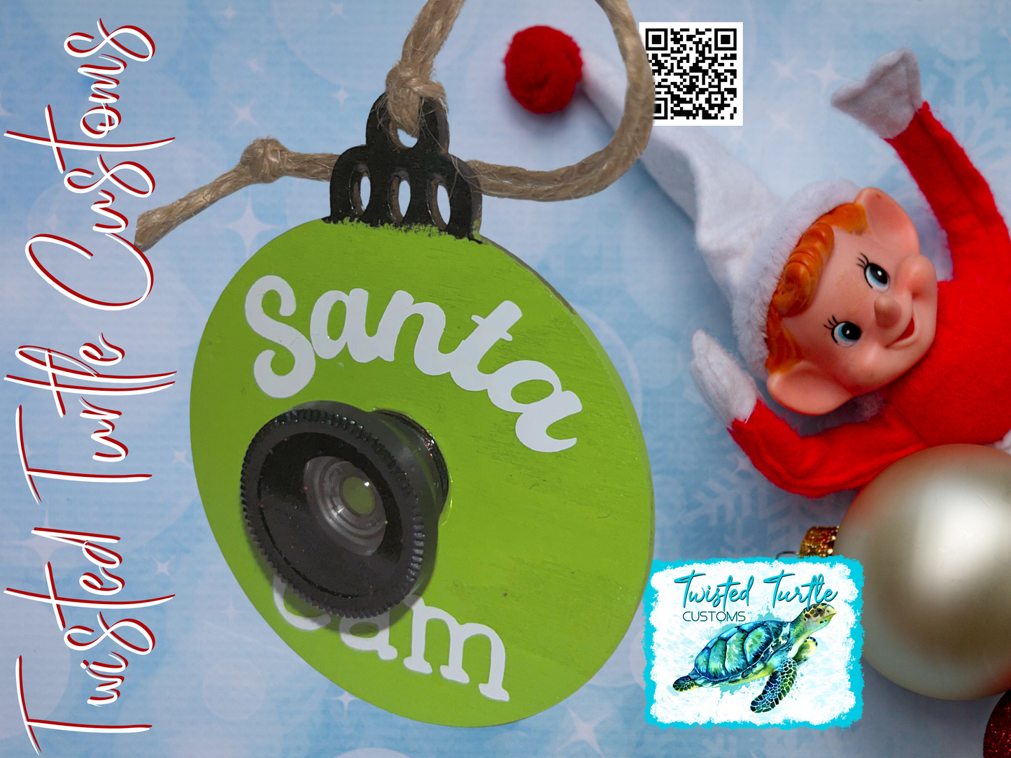 Christmas Santa Elf Cam Ornament Wood with Lens