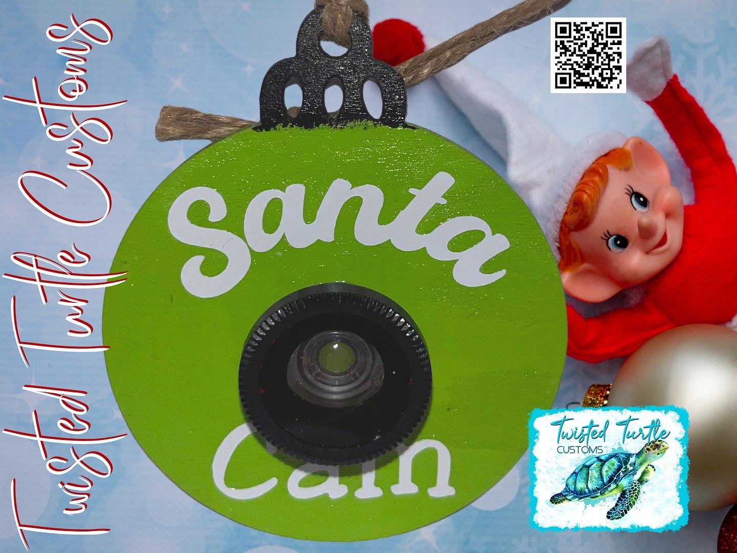 Christmas Santa Elf Cam Ornament Wood with Lens