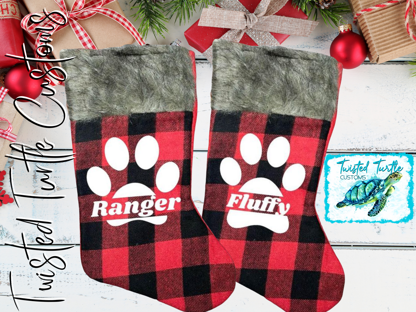 Personalized Buffalo Plaid Fur Top Christmas Stocking